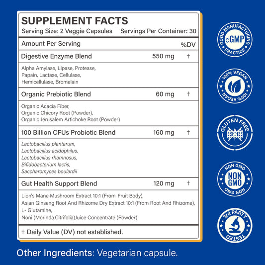 Digestive Enzymes Supplement with 100 Billion CFU Organic Probiotic & Prebiotic - Multi-Enzyme Formula for Women & Men - Supports Digestive & Gut Health, Aids Protein, Carb & Dairy Digestion, 60 Caps