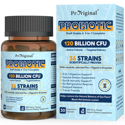 Probiotics for Women & Men 120 Billion CFU with 36 Probiotic Strains for Digestive Health and Gut Health, Delayed Release Capsules, Stomach Acid Resistant, No Need for Refrigeration 30 Capsules
