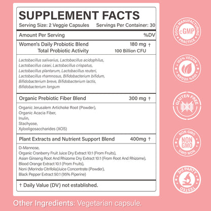 Probiotics for Women – Women’s Probiotic for Digestive, Vaginal, Urinary Health & pH Balance – 100 Billion CFU, 11 Strains with Organic Prebiotics, Cranberry Extract, D-Mannose – Non-GMO, 60 Capsules