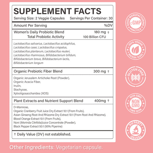 Probiotics for Women – Women’s Probiotic for Digestive, Vaginal, Urinary Health & pH Balance – 100 Billion CFU, 11 Strains with Organic Prebiotics, Cranberry Extract, D-Mannose – Non-GMO, 60 Capsules