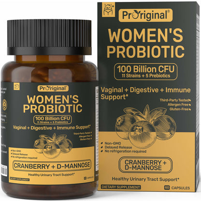 Probiotics for Women – Women’s Probiotic for Digestive, Vaginal, Urinary Health & pH Balance – 100 Billion CFU, 11 Strains with Organic Prebiotics, Cranberry Extract, D-Mannose – Non-GMO, 60 Capsules