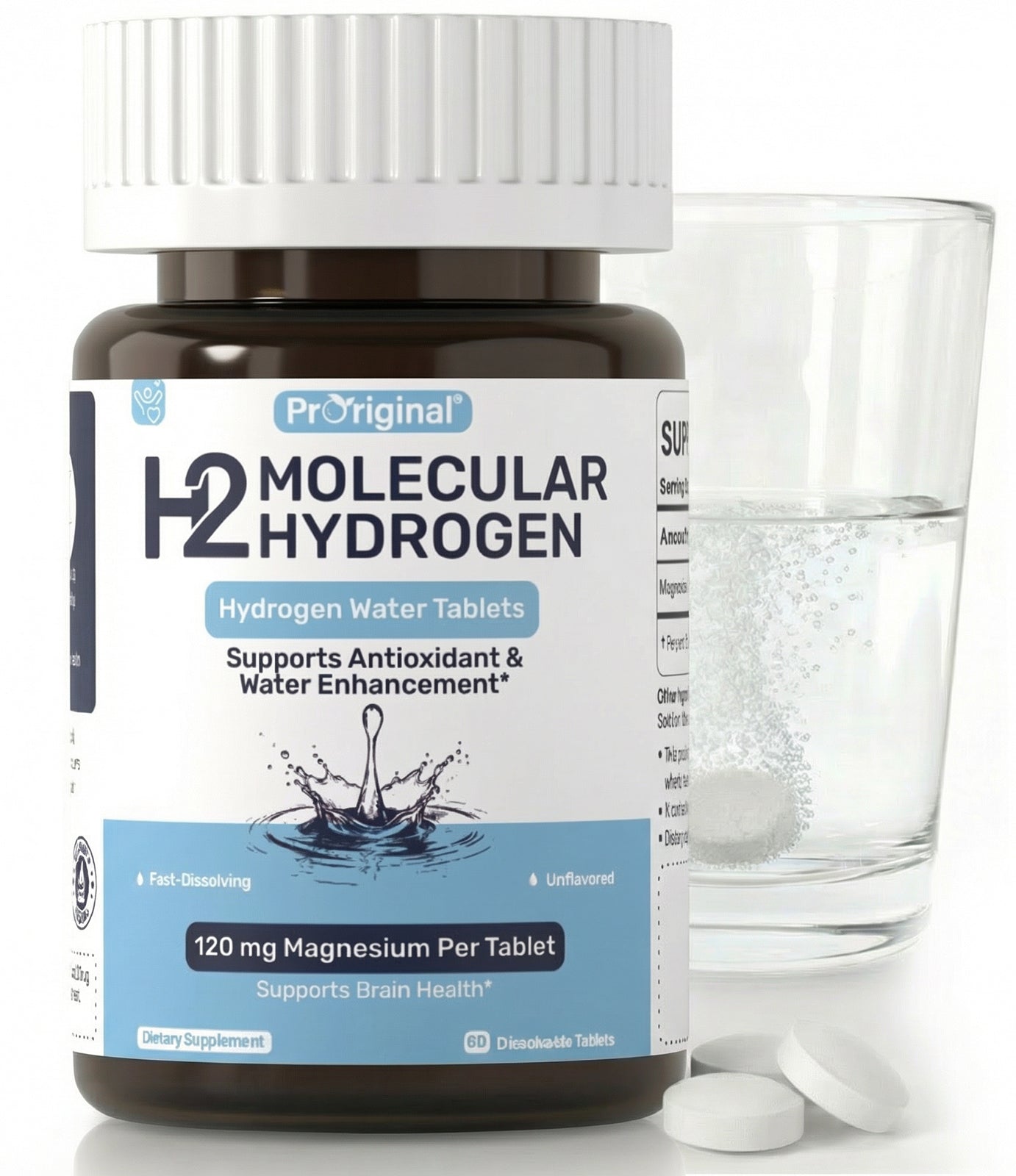 Hydrogen Water Tablets - 12 PPM H2 Molecular Hydrogen - 120 mg Magnesium-Based Reaction System - Supports Antioxidant Defense, Cellular Health, Energy & Brain Function - Non-GMO, Unflavored 60 Tablets