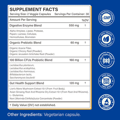 Digestive Enzymes Supplement with 100 Billion CFU Organic Probiotic & Prebiotic - Multi-Enzyme Formula for Women & Men - Supports Digestive & Gut Health, Aids Protein, Carb & Dairy Digestion, 60 Caps