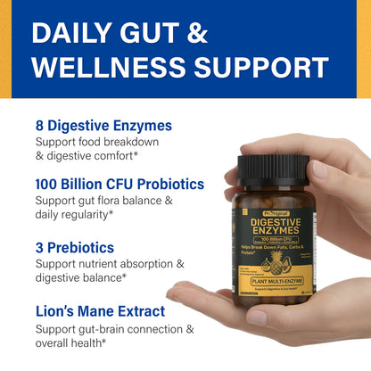 Digestive Enzymes Supplement with 100 Billion CFU Organic Probiotic & Prebiotic - Multi-Enzyme Formula for Women & Men - Supports Digestive & Gut Health, Aids Protein, Carb & Dairy Digestion, 60 Caps