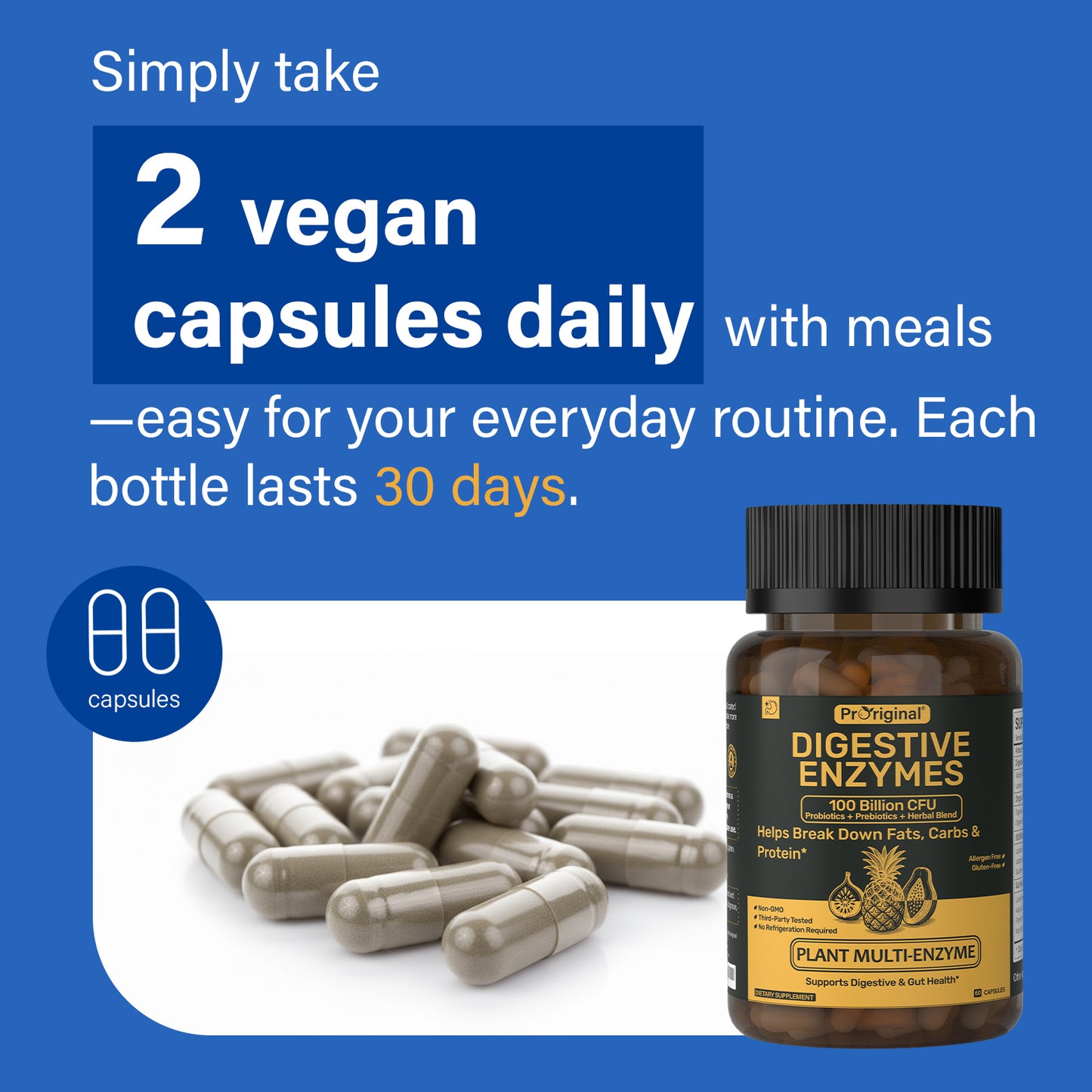 Digestive Enzymes Supplement with 100 Billion CFU Organic Probiotic & Prebiotic - Multi-Enzyme Formula for Women & Men - Supports Digestive & Gut Health, Aids Protein, Carb & Dairy Digestion, 60 Caps