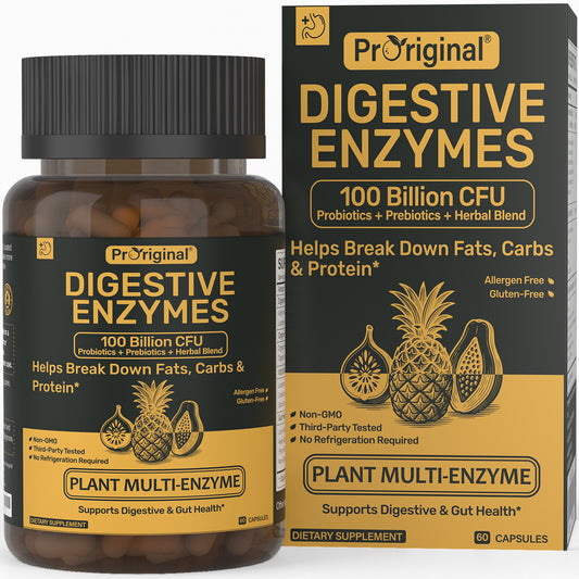 Digestive Enzymes Supplement with 100 Billion CFU Organic Probiotic & Prebiotic - Multi-Enzyme Formula for Women & Men - Supports Digestive & Gut Health, Aids Protein, Carb & Dairy Digestion, 60 Caps